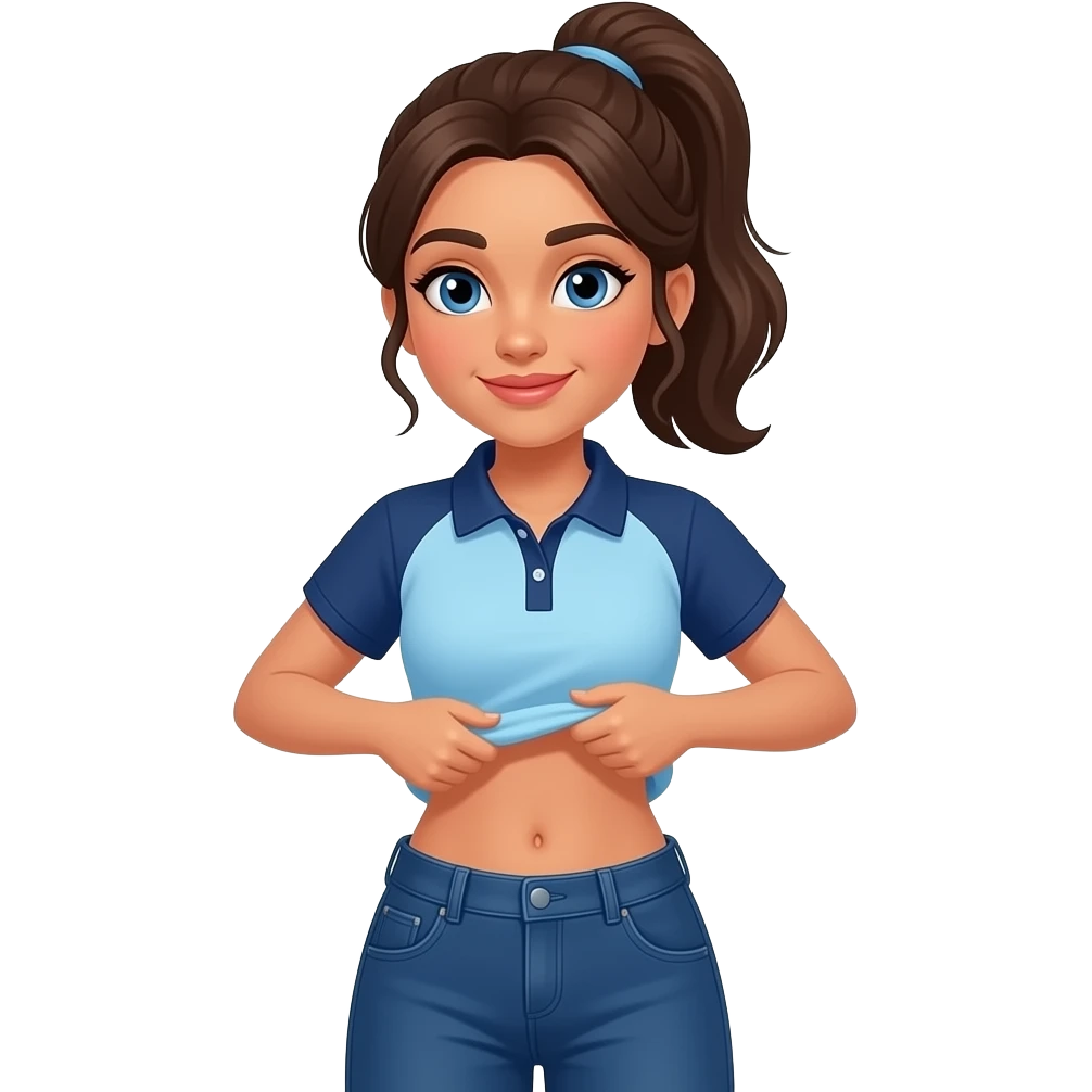 Hispanic girl with brown ponytail and blue eyes light blue and dark blue polo and dark blue baggy jeans and belly button lifting her shirt emoji
