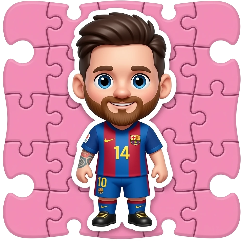 Create a 3D chibi Messi emoji sticker, glossy cartoon style, pink background, consistent Messi design, no text, zero trophies visible, puzzle challenge feeling emoji
