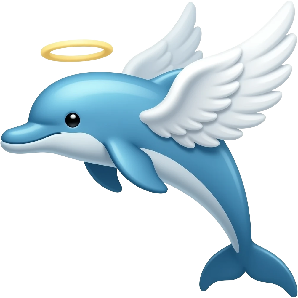 🐬thin dolphin emoji with 2 big angel white wings, glass blue ,2d, simple emoji