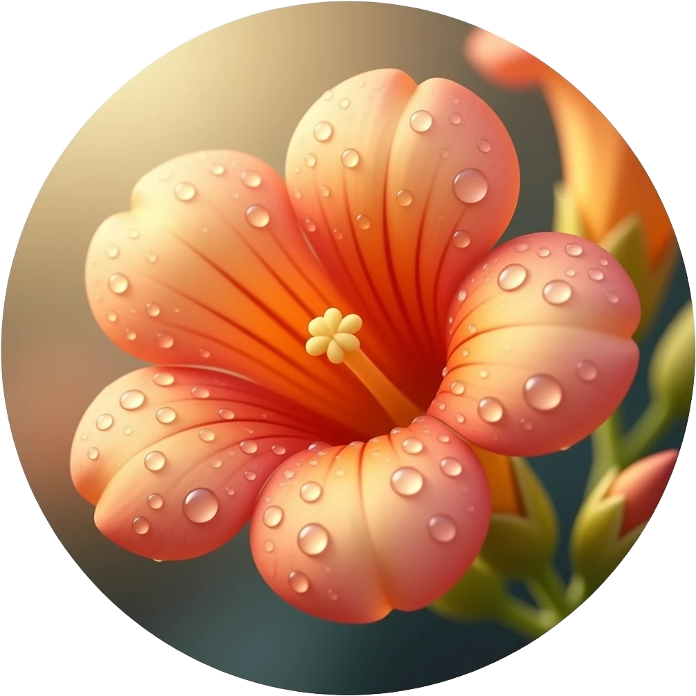 Realistic close-up of Campsis flowers with dew drops on petals, warm ...