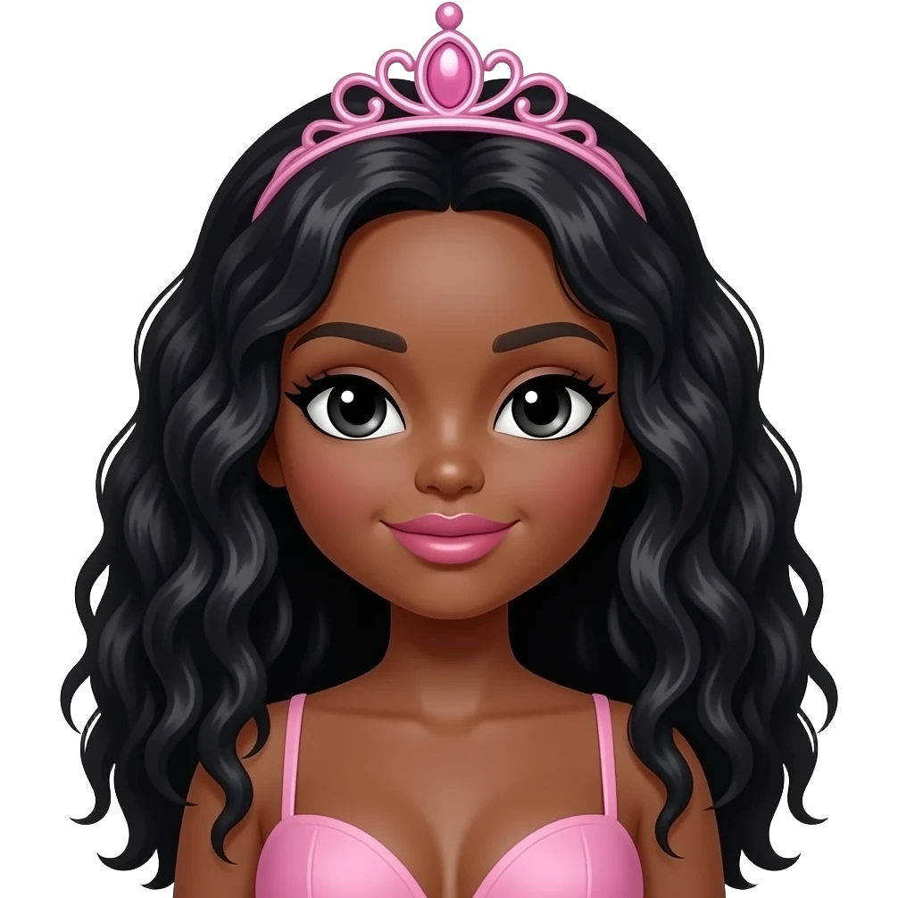 big lips, pink tiara, doll eyes, Doll, big chest, dark brown skin, with middle part curly long black hair, black cute eyes, with cute lip, without no bra emoji
