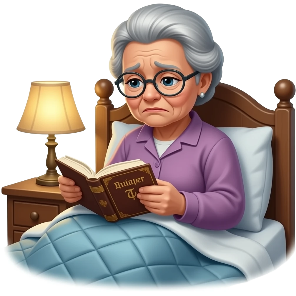 A fat plump, sad fat old lady is flipping through a prayer book in the bed emoji