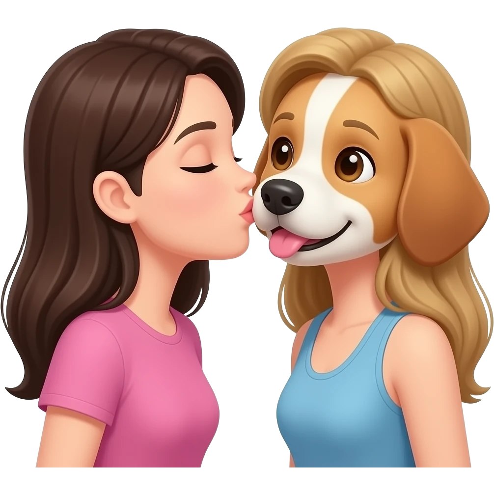 👩🏻‍❤️‍💋‍👩🏻 이 이모티콘이 여자 둘이 뽀뽀하는건데 여자 둘 중 하나를 강아지 얼굴로 바꿔줘 emoji