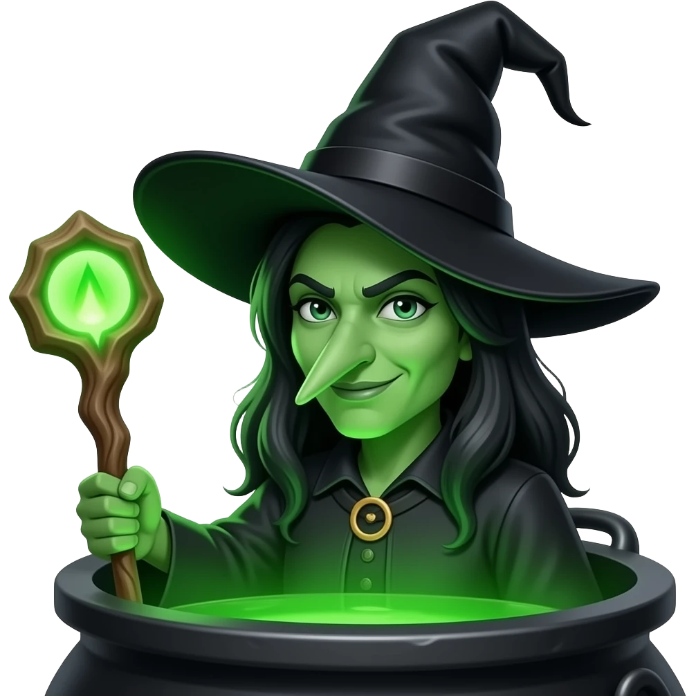 front bust shot of a green skin long nose witch emoji