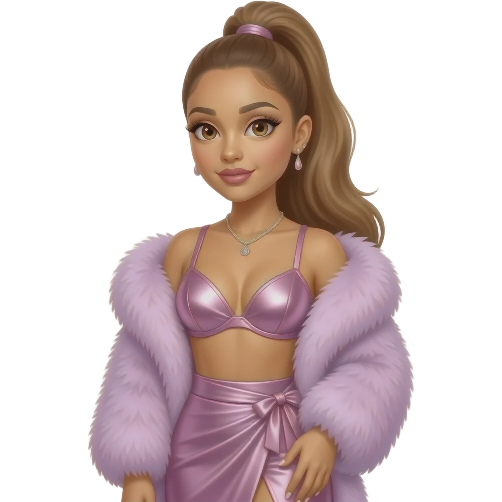 Ariana Grande with brown eyes, long light brown high ponytail hair, light lavender pink fur shawl, pink metallic bra, pink metallic long wrap skirt, necklace and earrings emoji