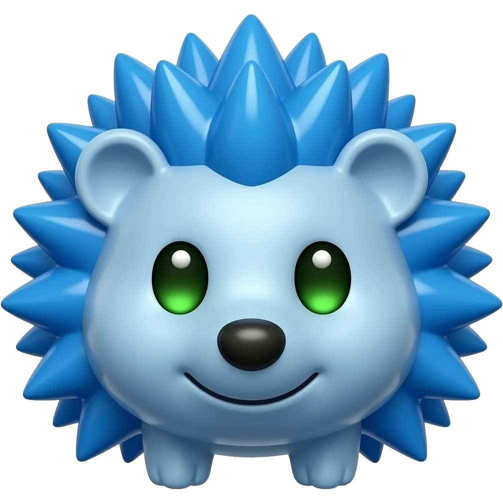 same exact cute 3D blue hedgehog emoji character, front view, glossy blue spikes, green eyes, pixar style, smooth 3D emoji render, only camera angle changes, same character identity, same proportions, same colors emoji