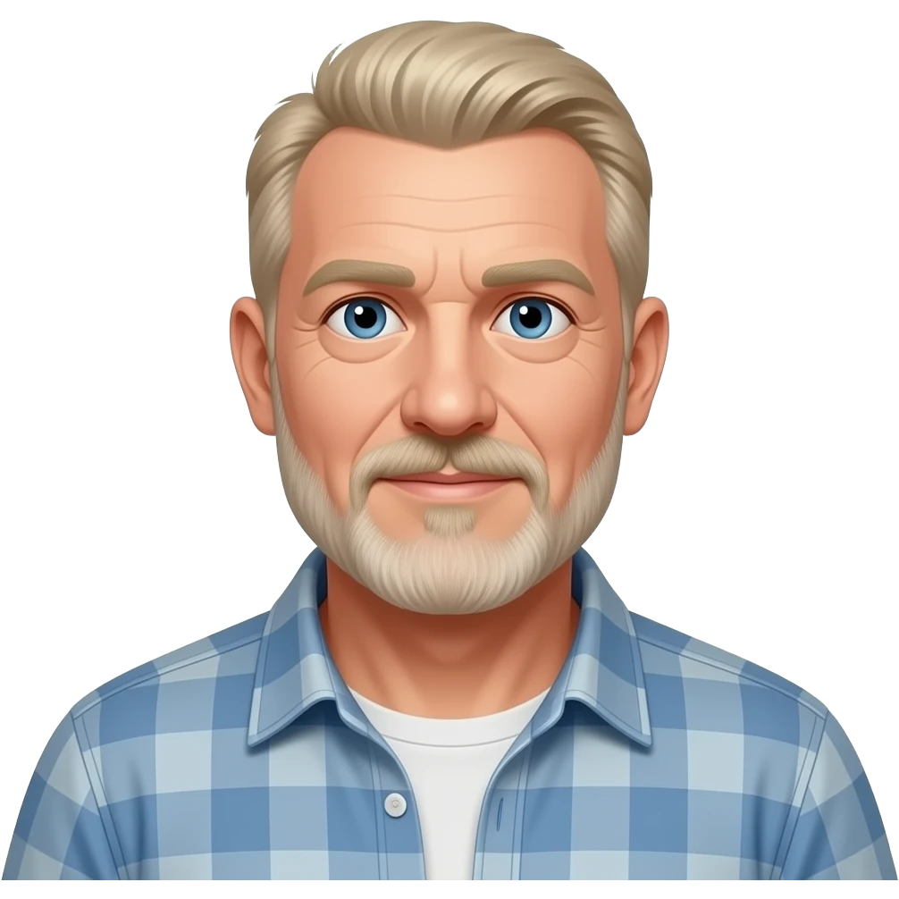 65 year old man with thin blonde hair, blue eyes, beard goatee, 6'1", 215 pounds wearing casual clothes emoji
