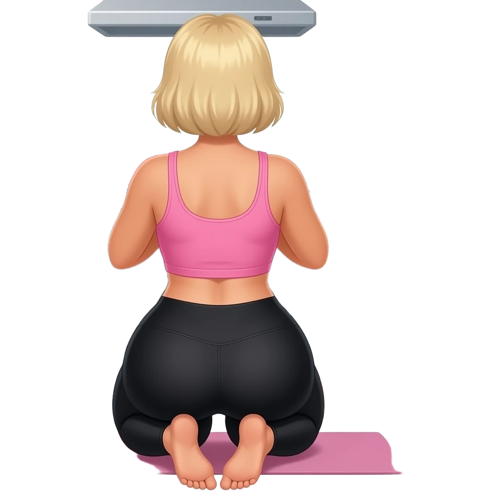 Render from knees up, view from the back, fair skinned woman, curvy, short blond hair, cooking dinner in kitchen, pink loose tank top, showing natural B cup breast shape SFW, black yoga pants, large curvy booty emoji