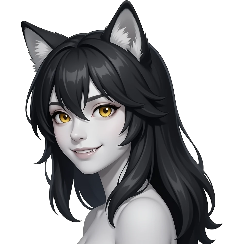 Female lycan portrait looking back, long black hair, wolf ears, subtle fang smile, sharp golden eyes, pale skin, dark fantasy card art style, centered emoji