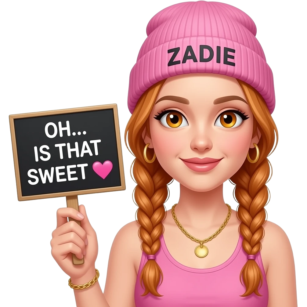 sexy girl with overlong ginger braids and ginger eyes wearing a pink tanktop and a pink beanie with ZADIE written on it, is holding a black sign with ACH... IST DAS SÜSS 🧡 written on it emoji