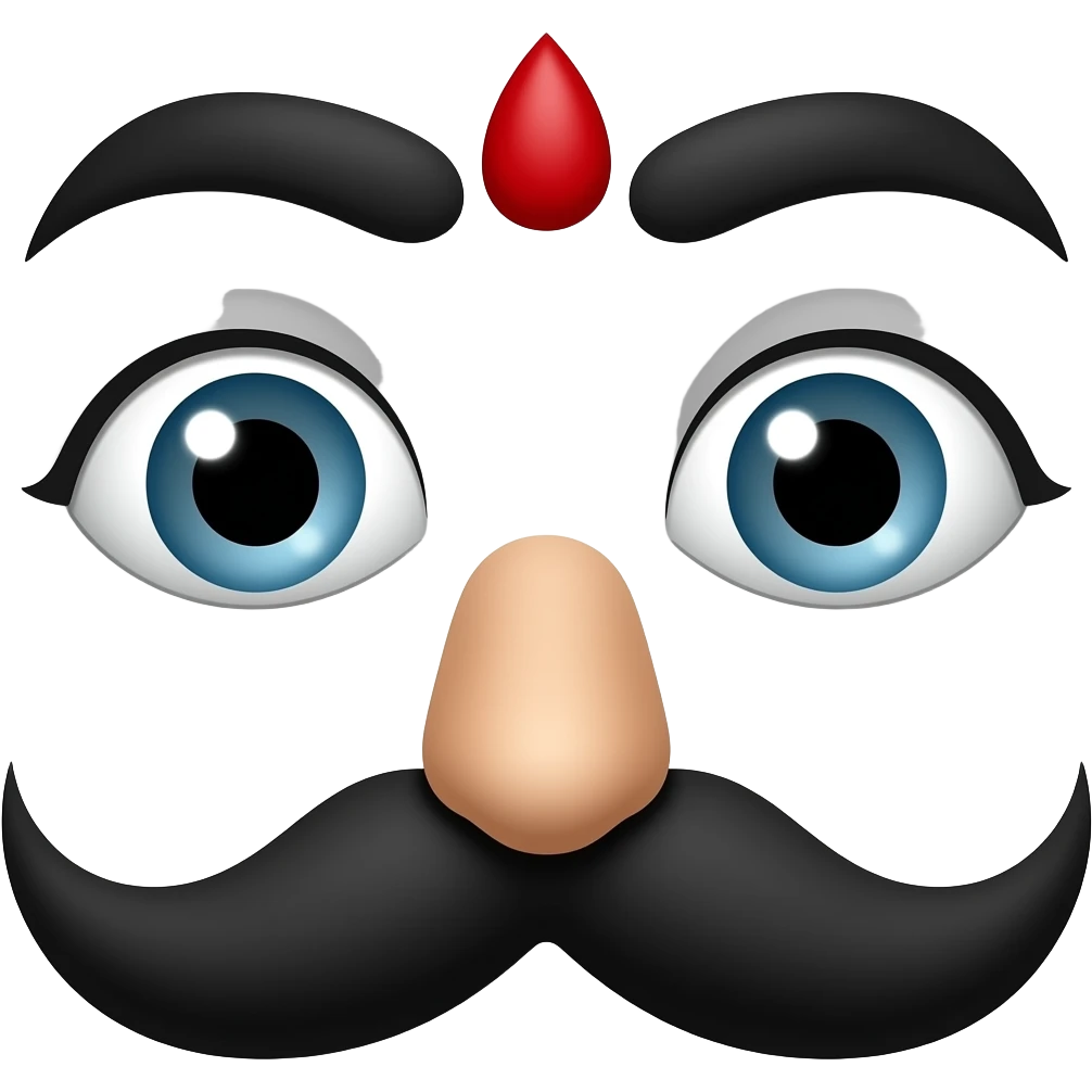 In a white background no person is needed just black eyebrows,red bindi and moustache emoji