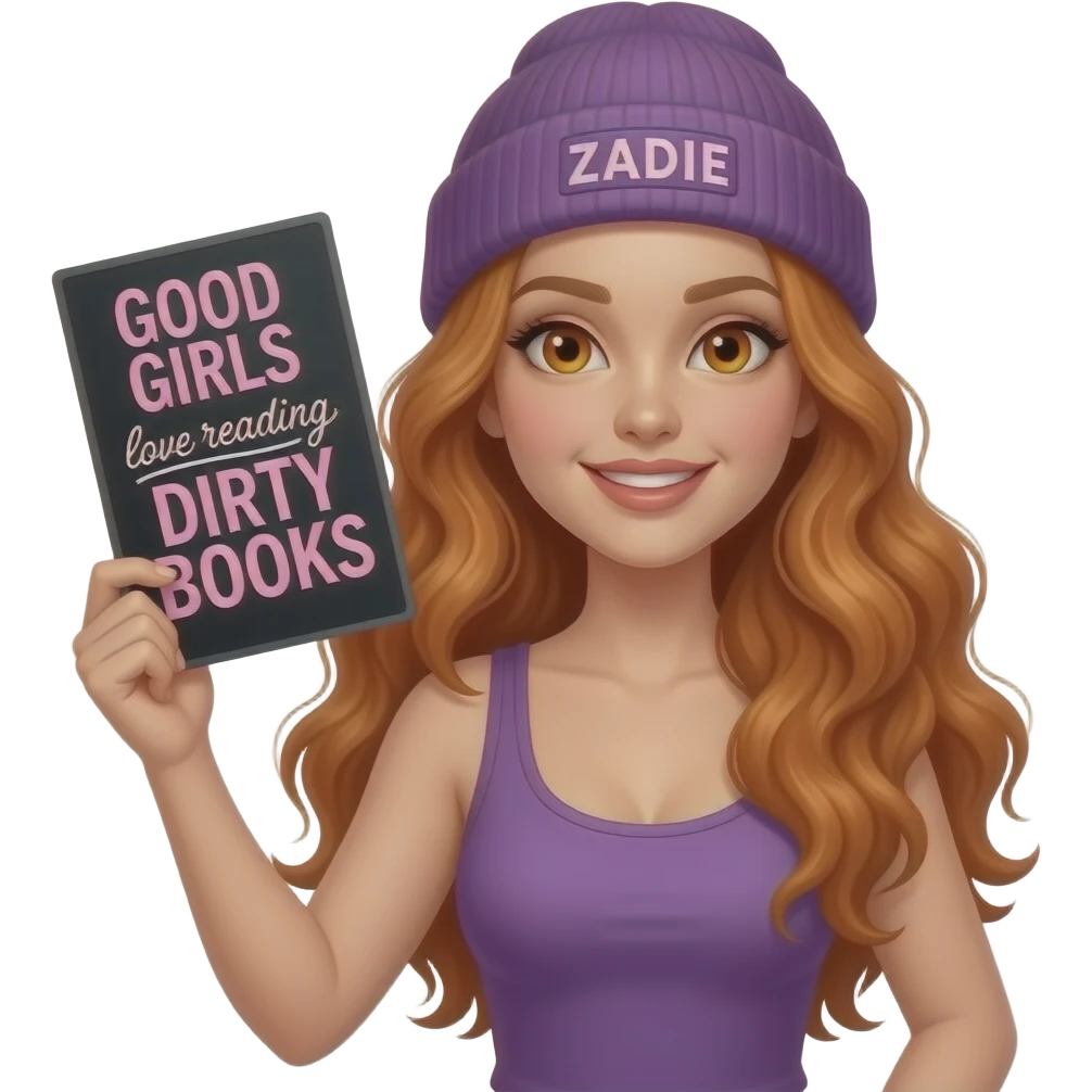 sexy girl with overlong wavy ginger hair and ginger eyes wearing a purple tanktop and a purple beanie with ZADIE written on it, is holding a black sign with GOOD GIRLS love reading DIRTY BOOKS written on it emoji