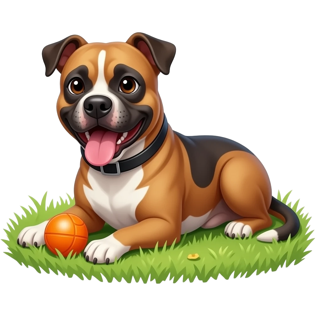 A tan and black Pit Bull / Staffordshire Terrier mix is lying on the grass in a sunny park, tongue out and holding an orange ball in its mouth, looking absolutely thrilled with life. emoji