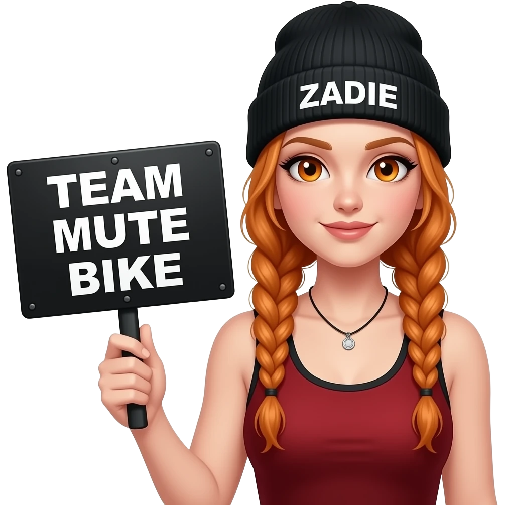 sexy girl with overlong ginger braids and ginger eyes wearing a red black tanktop and a black beanie with ZADIE written on it, is holding a black sign with TEAM MUTE BIKE written on it emoji