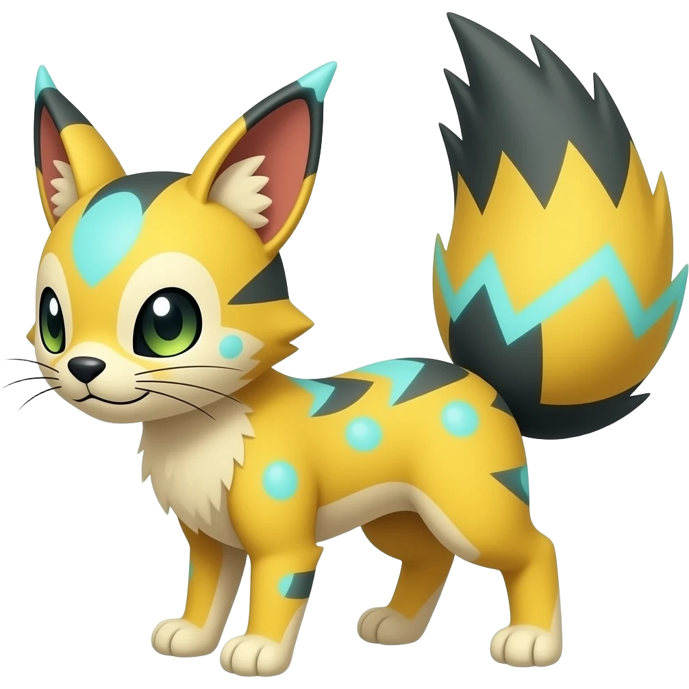 Yellow Renamon-Zeraora-Genet-Civet-caracal-Fennekin-Manectric-Vaporeon-Fakémon-hybrid with glowing neon cyan markings emoji