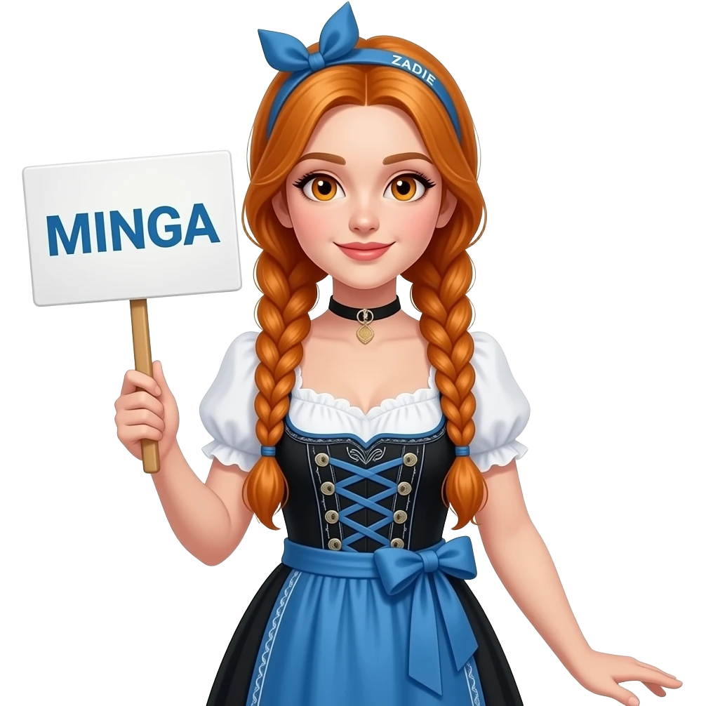sexy girl with overlong ginger braids and ginger eyes wearing a black blue dirndl and a blue headband with ZADIE written on it, is holding a sign with MINGA written on it emoji