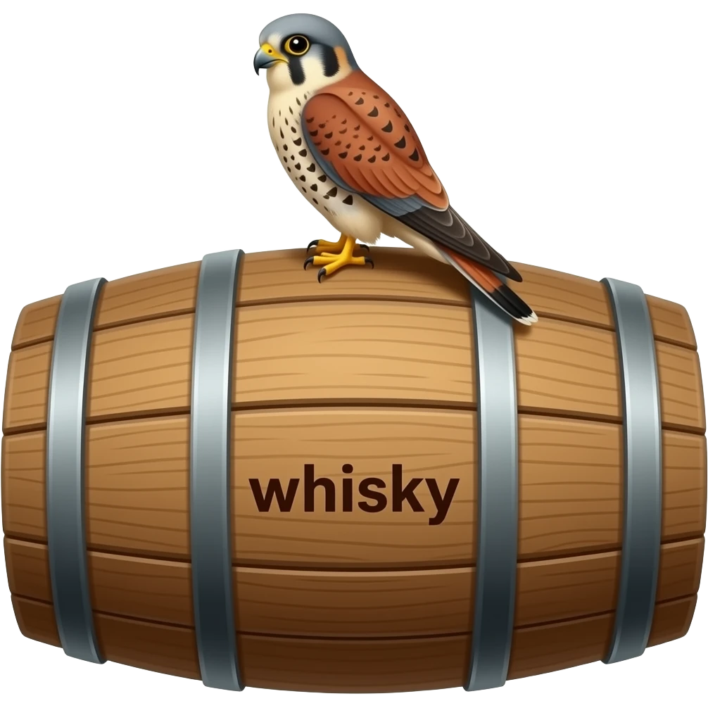 kestrel sitting on top of a standing whisky barrel. the barrel is clearly stenciled "whisky" emoji
