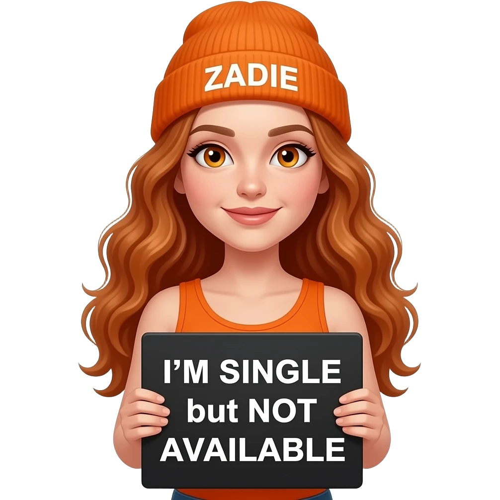 sexy girl with overlong wavy ginger hair and ginger eyes wearing a orange tanktop and a orange beanie with ZADIE written on it, is holding a black sign with I'M SINGLE but not AVAILABLE written on it emoji