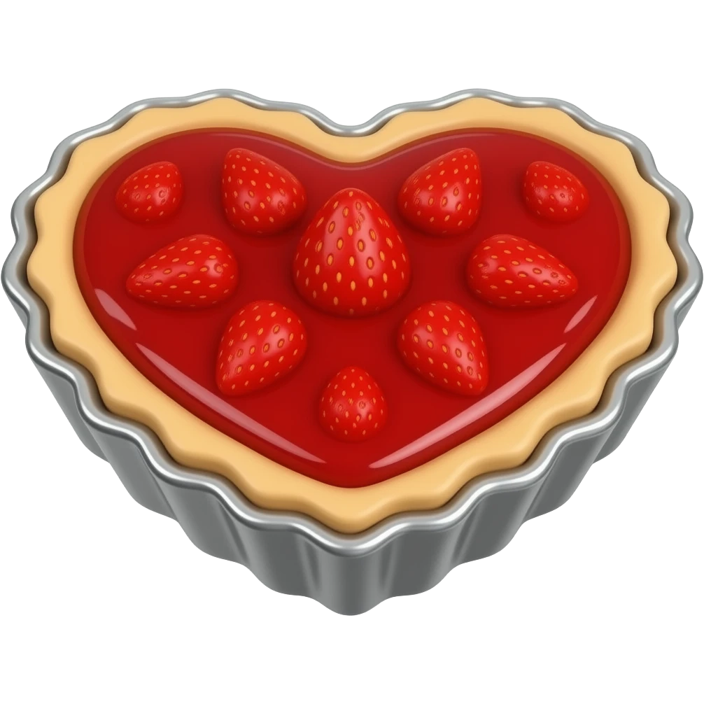 3D chrome luxury heart shaped pastry pie with strawberry jam minimalist style front view. emoji