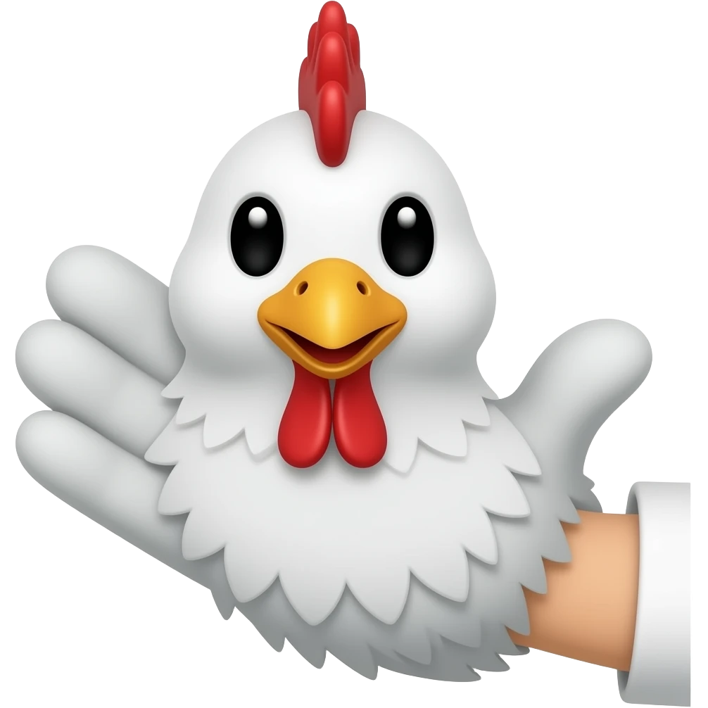 white chicken hand puppet with black eyes emoji