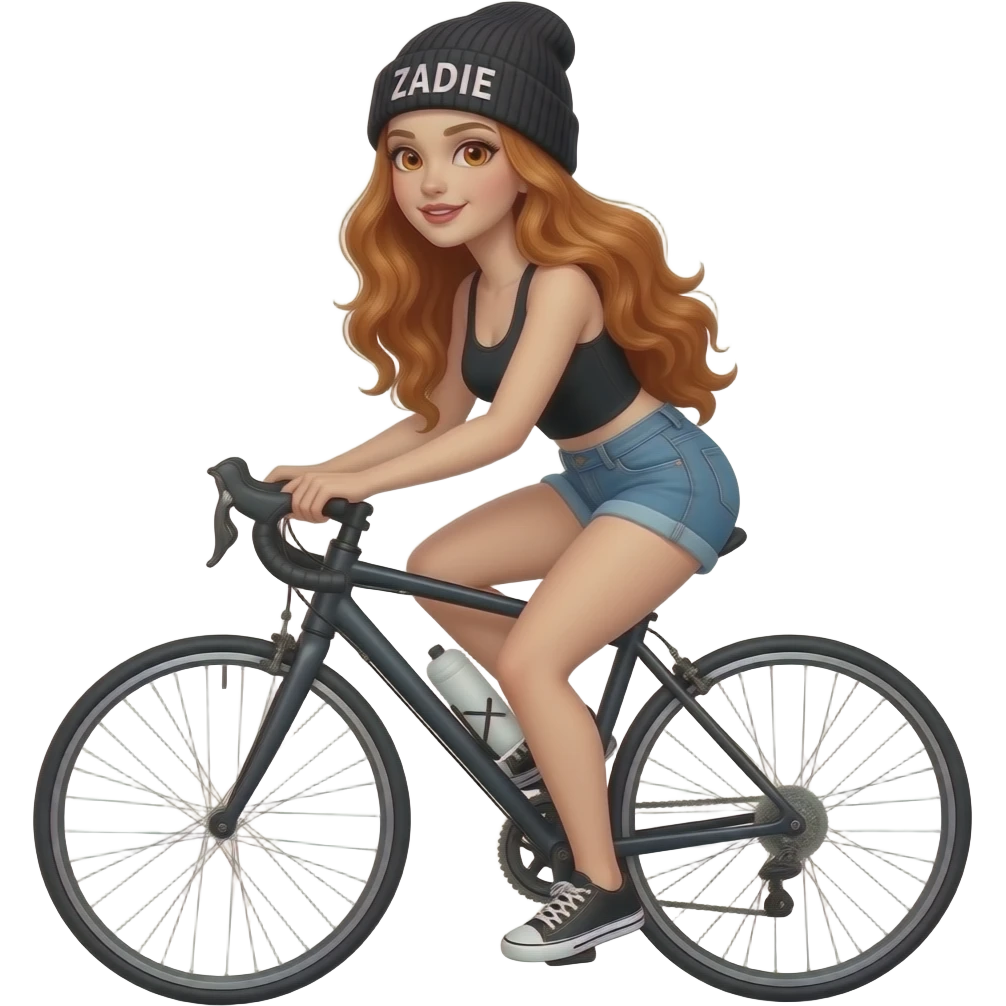 sexy girl with overlong wavy ginger hair and ginger eyes wearing a black tanktop and a black beanie with ZADIE written on it, is riding a bike emoji