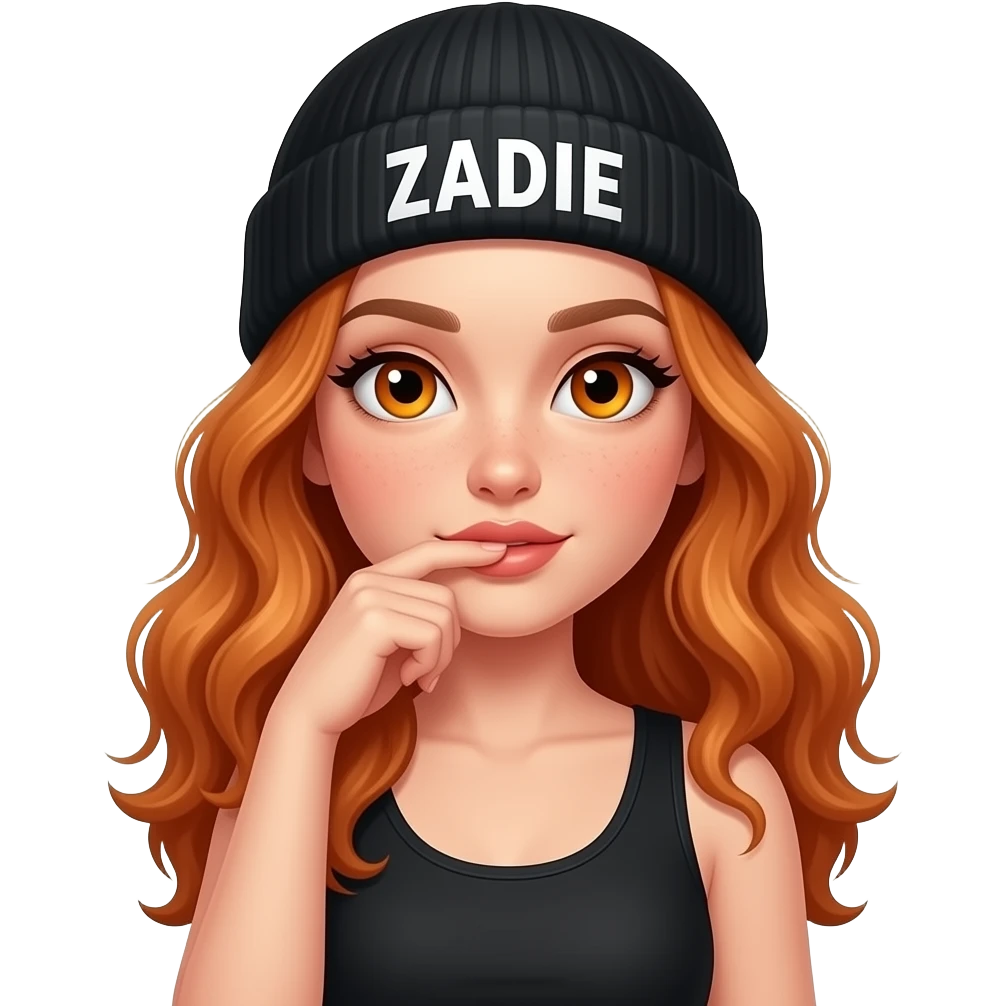 sexy girl with overlong wavy ginger hair and ginger eyes wearing a black tanktop and a black beanie with ZADIE written on it, is putting her flat hand to her mouth emoji