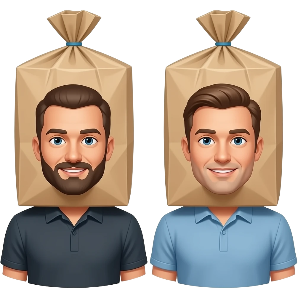 Men wearing trash paper bag with SD emoji