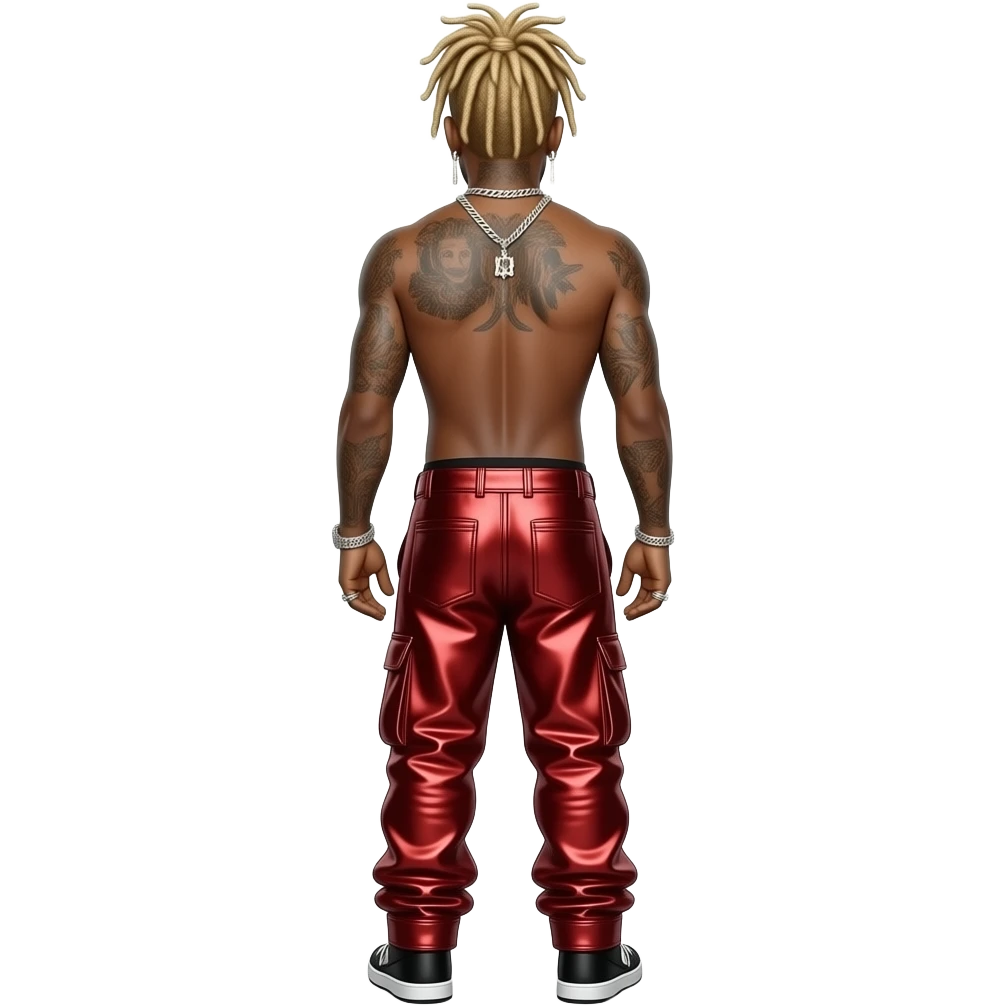 Lil Wayne from behind with long blonde dreads, red metallic faux baggy pants, shirtless with necklace and earrings emoji