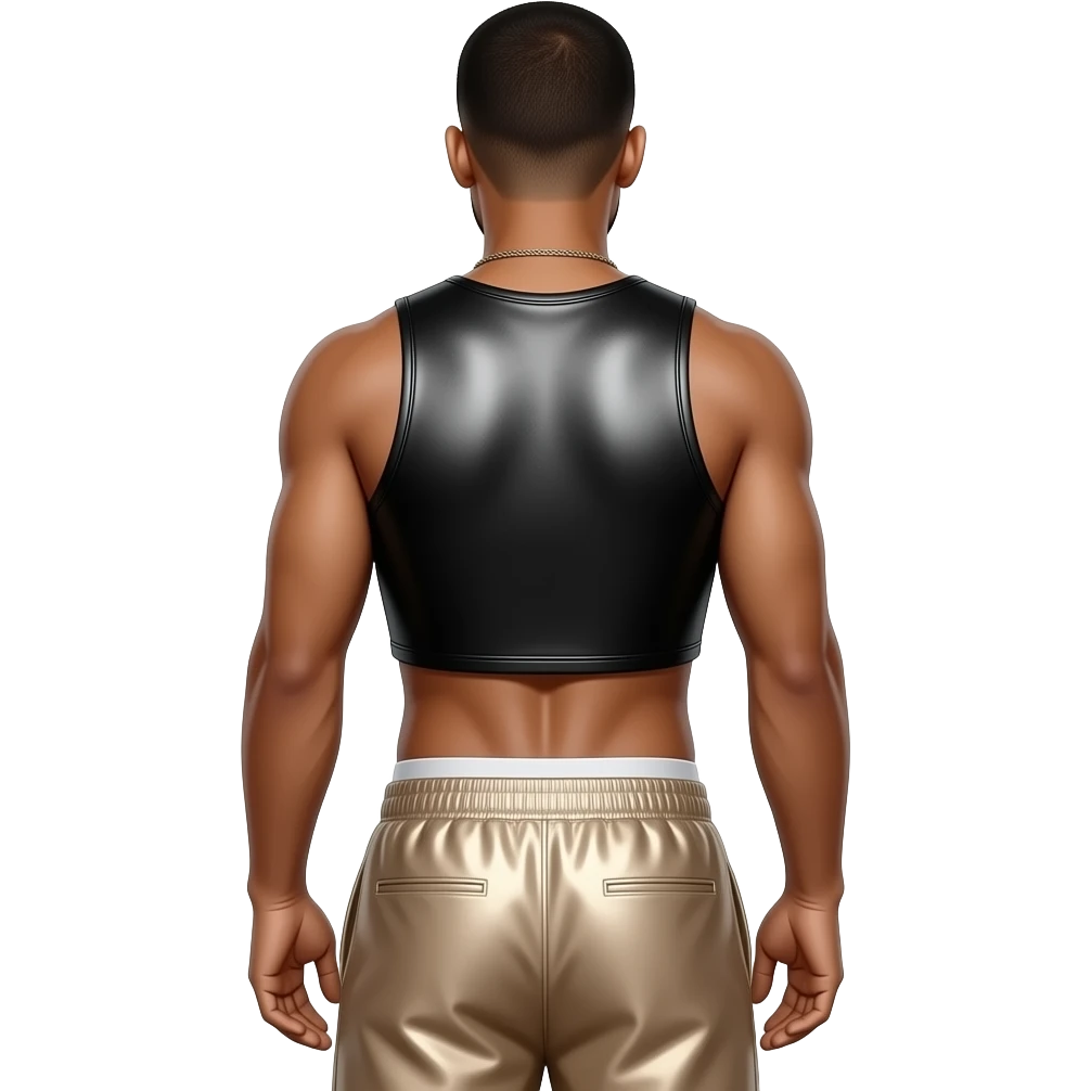 Drake from behind with black metallic t-shirt crop top, dark beige metallic baggy joggers with white undies, shirtless emoji