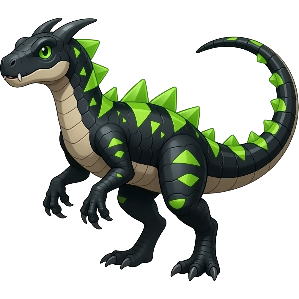 Cool edgy ancient black-scaled with neon-green triangular stripe markings digitigrade vintage futuristic raptorik fantasy-Cyberpunk-Steampunk-Solarpunk-Genesect-Salamence-Tyranitar-Brony-Vernid-Fionbri-Fakémon-animal-hybrid, full body emoji