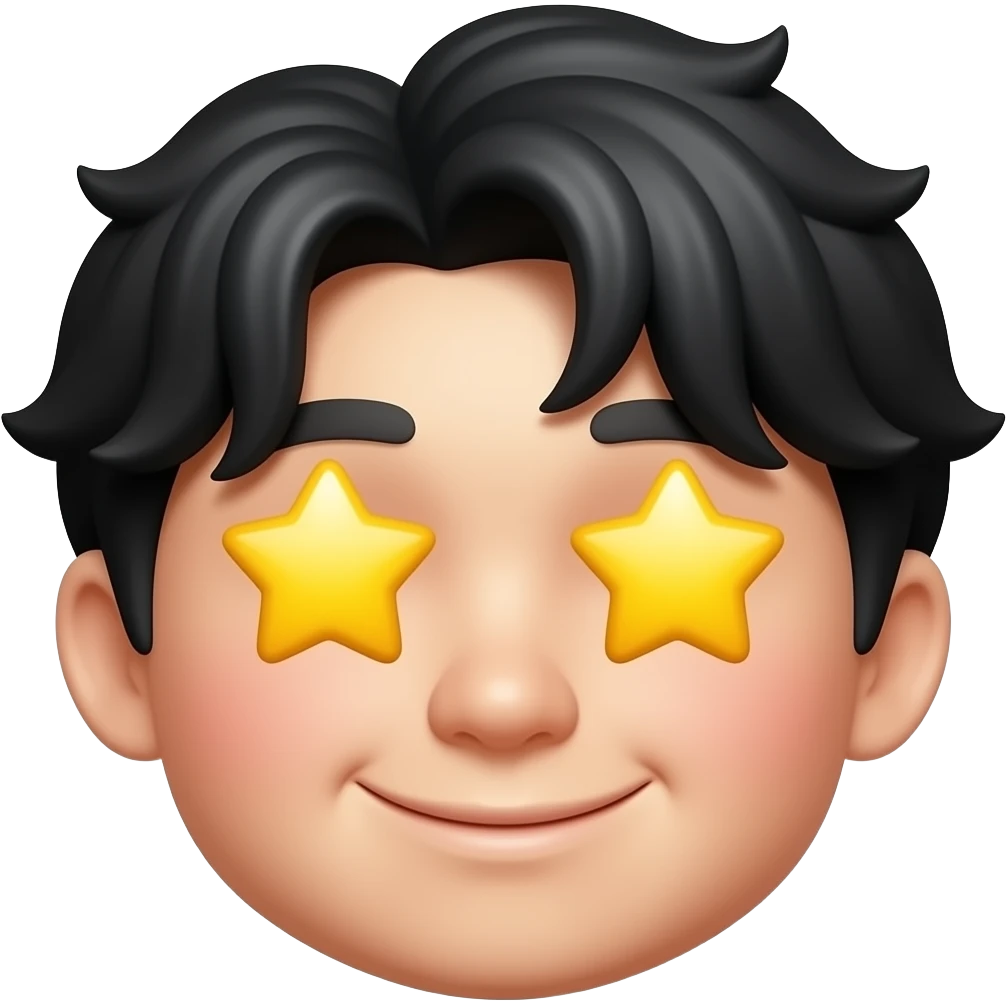 cheerful face emoji, big yellow star eyes, Korean boy features, black fluffy wavy bangs, small mole under right eye, high nose, only face emoji