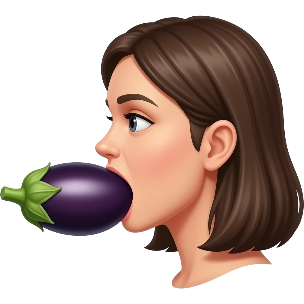 Side view of a woman with the wide side of the eggplant deep in her mouth T Turn the eggplant around emoji