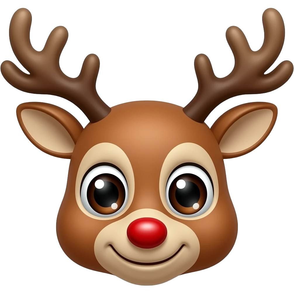 iOS-style emoji sticker face only of a Rudolph-inspired reindeer, cute brown deer with soft antlers and shiny red nose, simple glossy 3D emoji style, centered on white/transparent background, Christmas emoji look, eyes with visible iris, crystal-like detail and reflections (not solid black) emoji