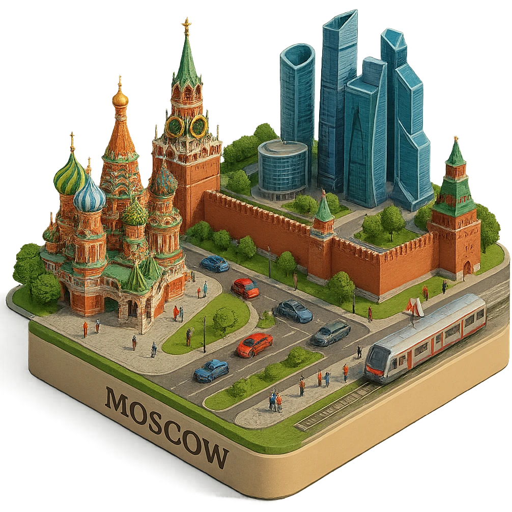 Изометричная миниатюрная фотореалистичная 3D модель Москвы на подставке - Кремль, собор Василия Блаженного, фотореалистичные Башни Москва-Сити, аккуратная детализация, четкие линии, яркие цвета, мультяшный реализм, гуляют люди и современный автотранспорт и метро, компактная композиция, вид сверху в изометрии, прозрачный фон emoji