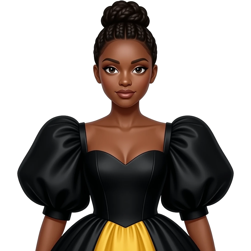 A Black woman with dark skin and braided hair styled in a high bun is posing for a studio portrait. She is wearing a dramatic black and yellow gown with a sweetheart neckline and voluminous, puffed sleeves. emoji