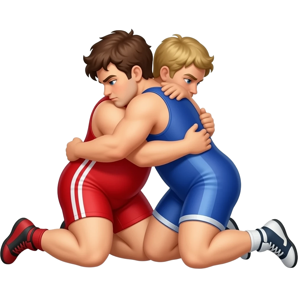 Erstelle ein Bild von zwei Wrestler in kurzen, knappen und engen Wrestler-suits, die beiden haben unterschiedlich Farben an (rot und blau) und sie ringen eng umschlungen miteinander auf dem Boden liegend emoji