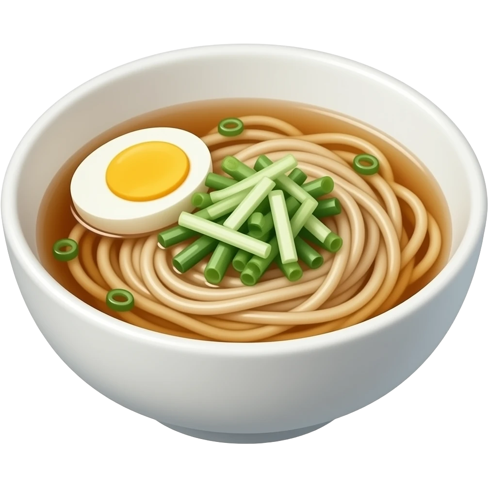 3D emoji style Korean janchi guksu in a white bowl, 
thin wheat noodles in clear light broth topped with 
sliced egg, green scallion, and shredded vegetables, 
Apple emoji aesthetic, soft highlights, 
transparent background, bold simple shapes emoji