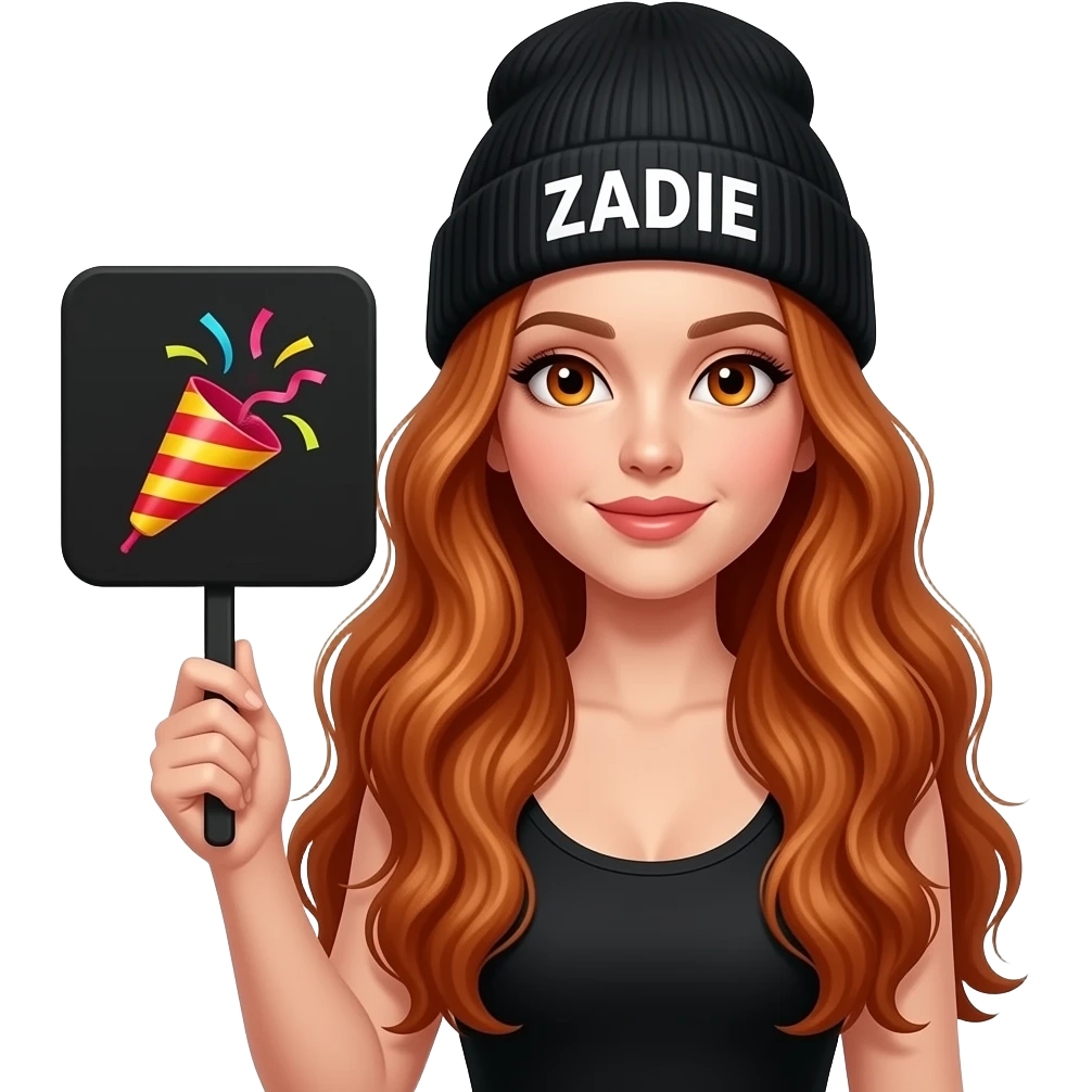 sexy girl with overlong wavy ginger hair and ginger eyes wearing a black tanktop and a black beanie with ZADIE written on it, is holding a black sign with 🥳 on it emoji