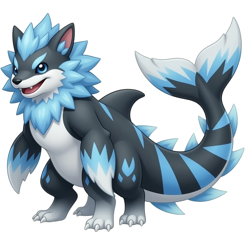 Bluish blackish whitish greyish gradients Absol-Amaura-Garchomp-Sharpedo-Aurorus-Vulpix-hybrid with orca tail emoji