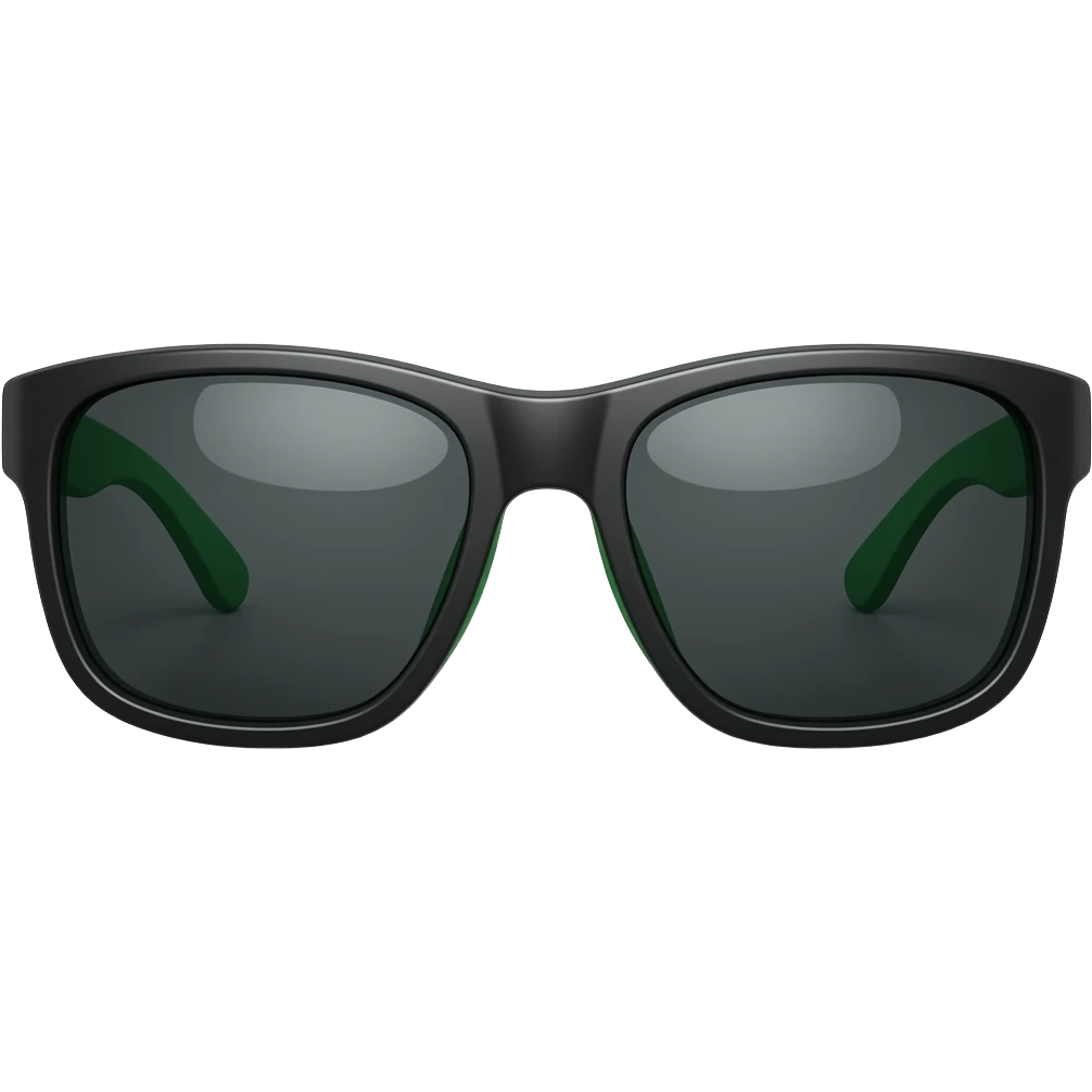 Apple iOS style sports sunglasses emoji, glossy 3D wraparound sunglasses, black lenses with green accents, sleek athletic design, smooth shading, ultra detailed, clean background, premium iOS emoji aesthetic emoji