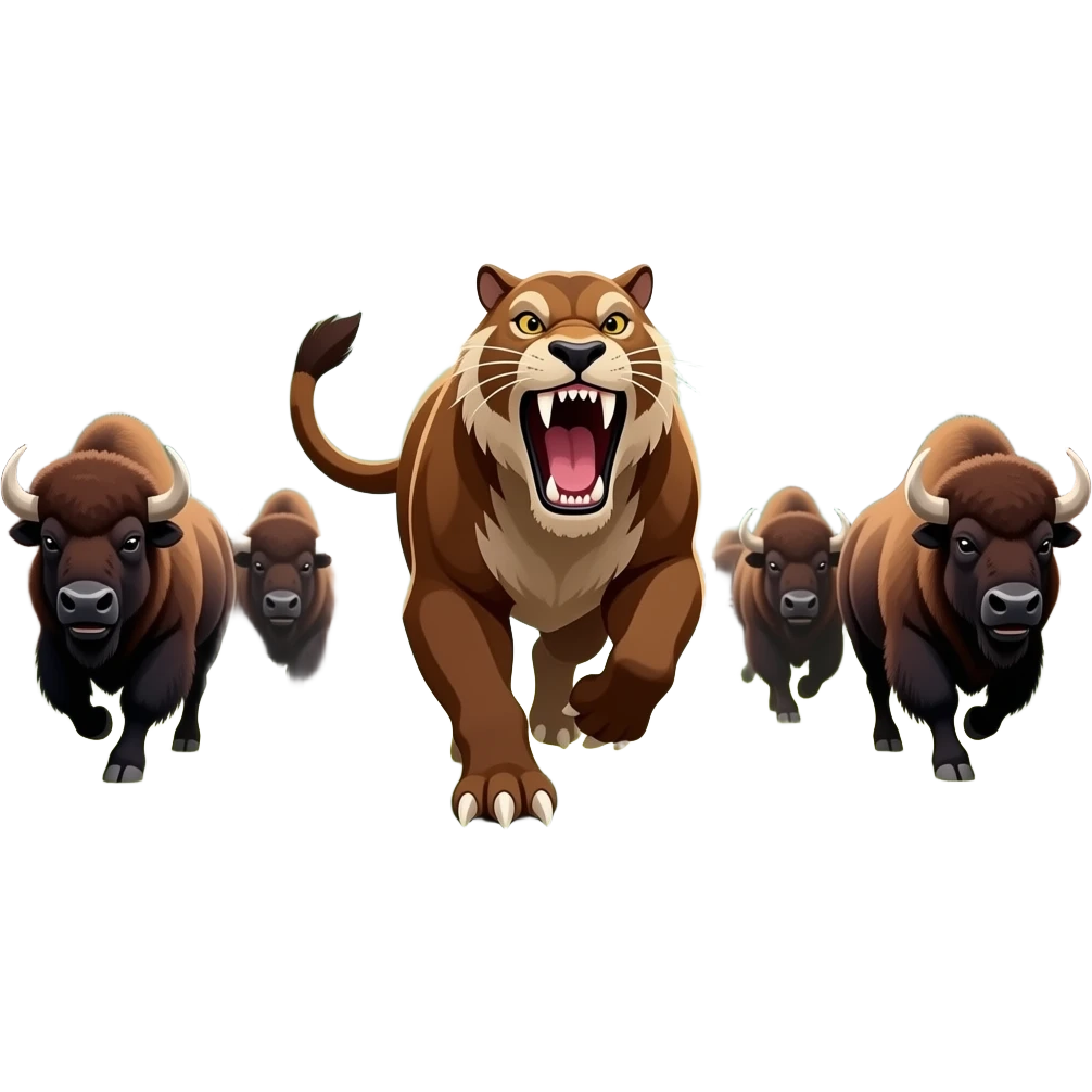 Smilodon angry running in the forest with defensive bison herd chasin it emoji