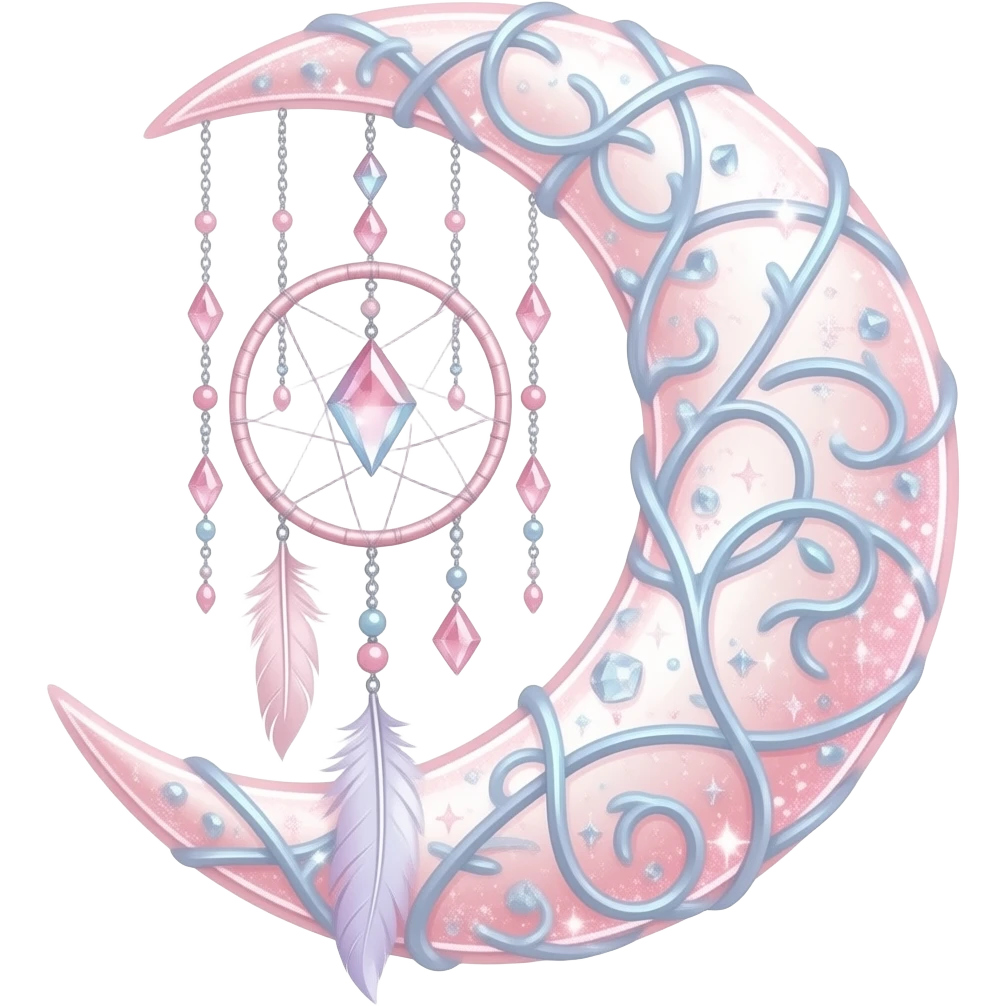 Rosy shiny glossy sparkly romantic pastel crescent damask moon with rose quartz pastel vines pastel gems pastel beads with feathers and chains suncatcher-dreamcatcher emoji