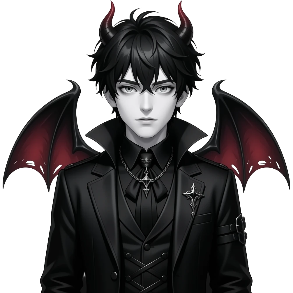 young demonic male with messy black hair with deathly white skin, a confident facial expression and white empty eyes, in a gothic-style black outfit full body emoji emoji