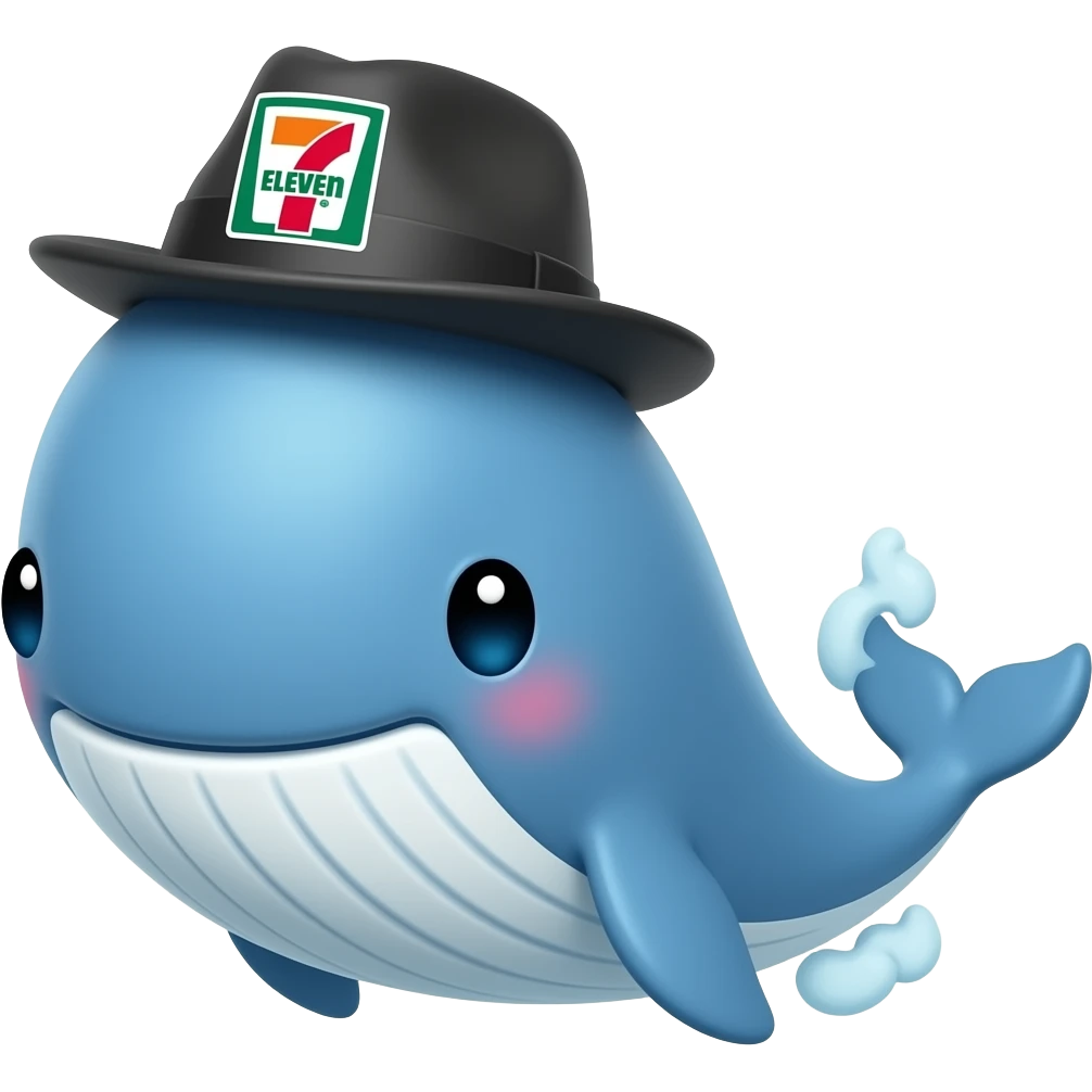 cartoonish blue Whale wearing a 7-eleven branded black and grey fedora with one of its two flipper showing a big thumbs up emoji