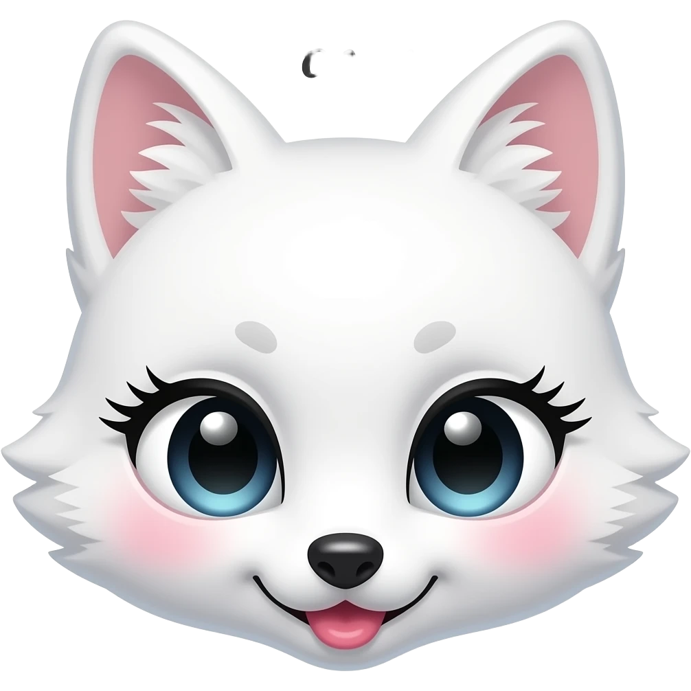 Cute white fox emoji with pretty long lashes and big eyes and pink lips and cheeks with manhwa type and only face and written upside with small elegant writting "foxy" emoji