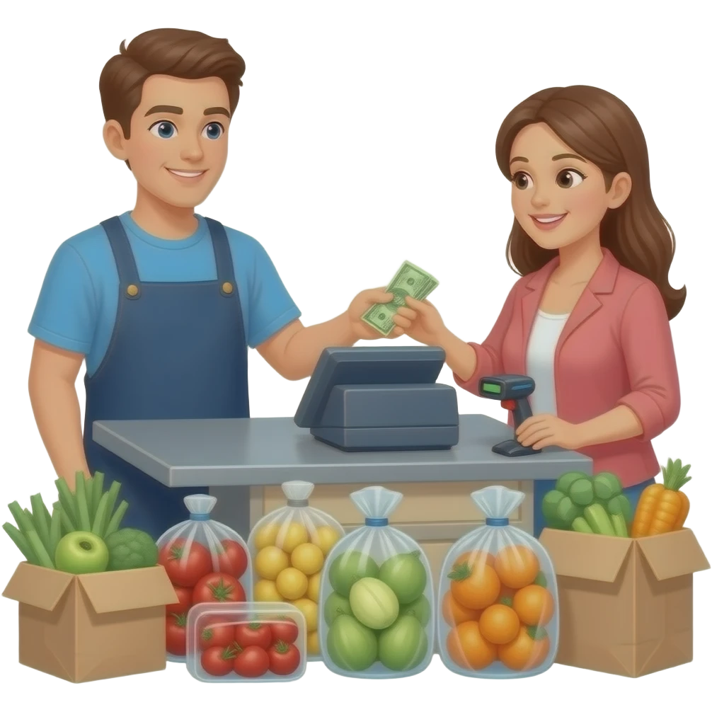 cashier and a woman at the checkout. Woman pays in cash for the shopping emoji