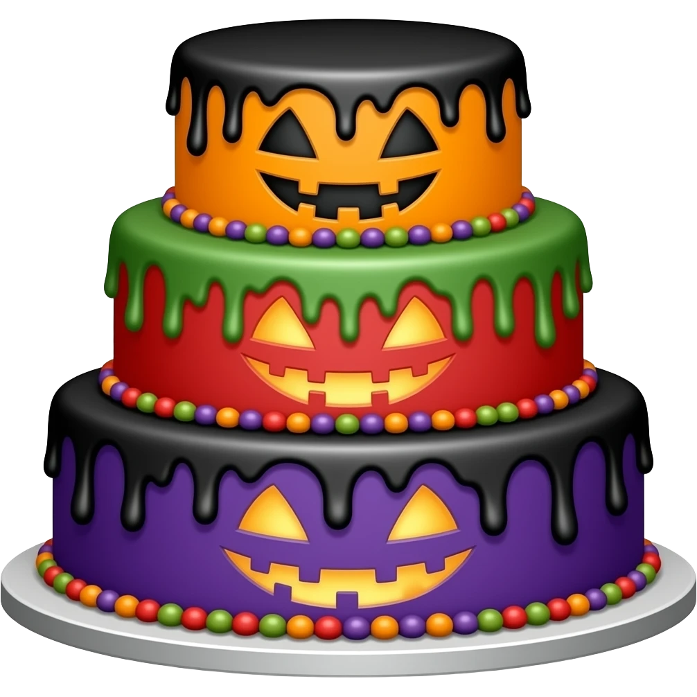 Halloween cake, 3 tiers, with black orange, green, red, and purple emoji
