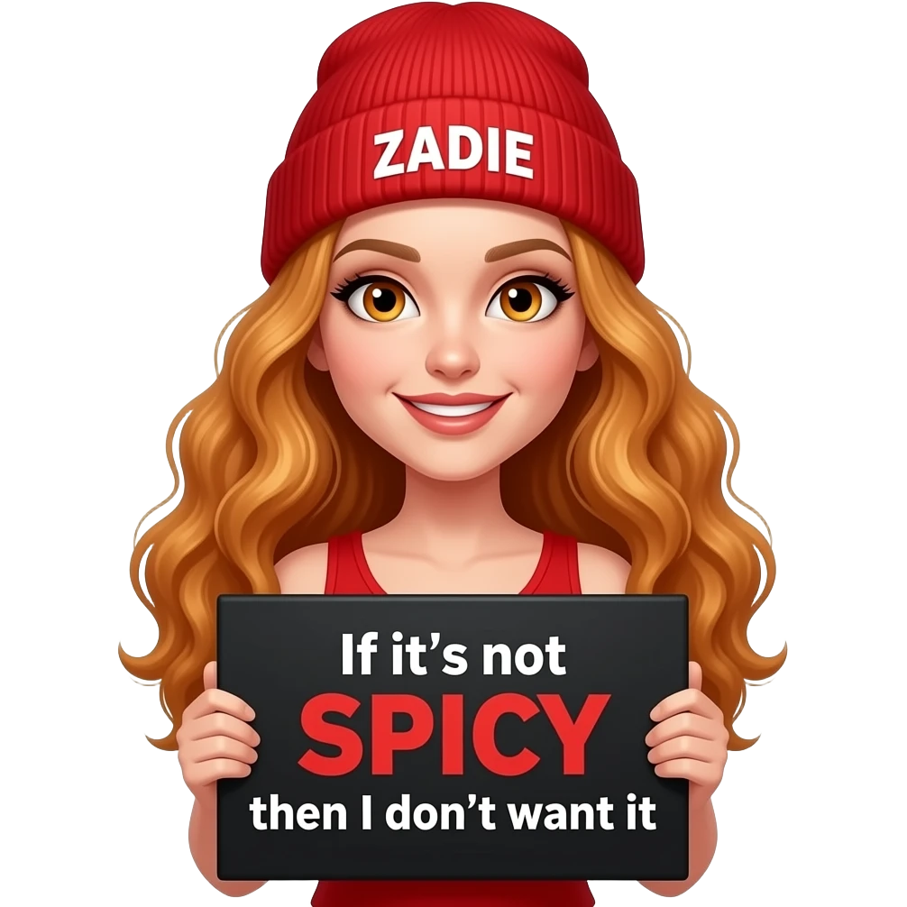 sexy girl with overlong wavy ginger hair and ginger eyes wearing a red tanktop and a red beanie with ZADIE written on it, is holding a black sign with If it's not SPICY then I don't want it written on it emoji