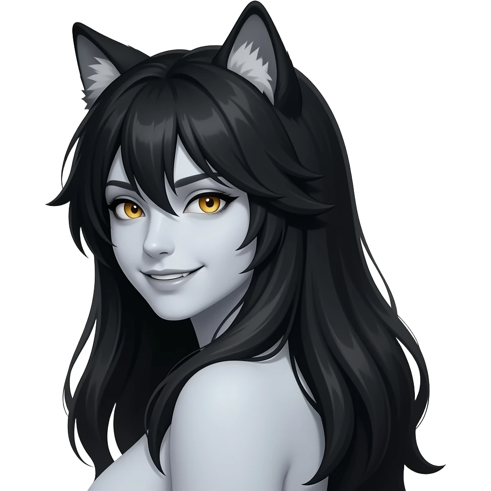 Female lycan portrait looking back, long black hair, wolf ears, subtle fang smile, sharp golden eyes, pale skin, dark fantasy card art style, centered emoji
