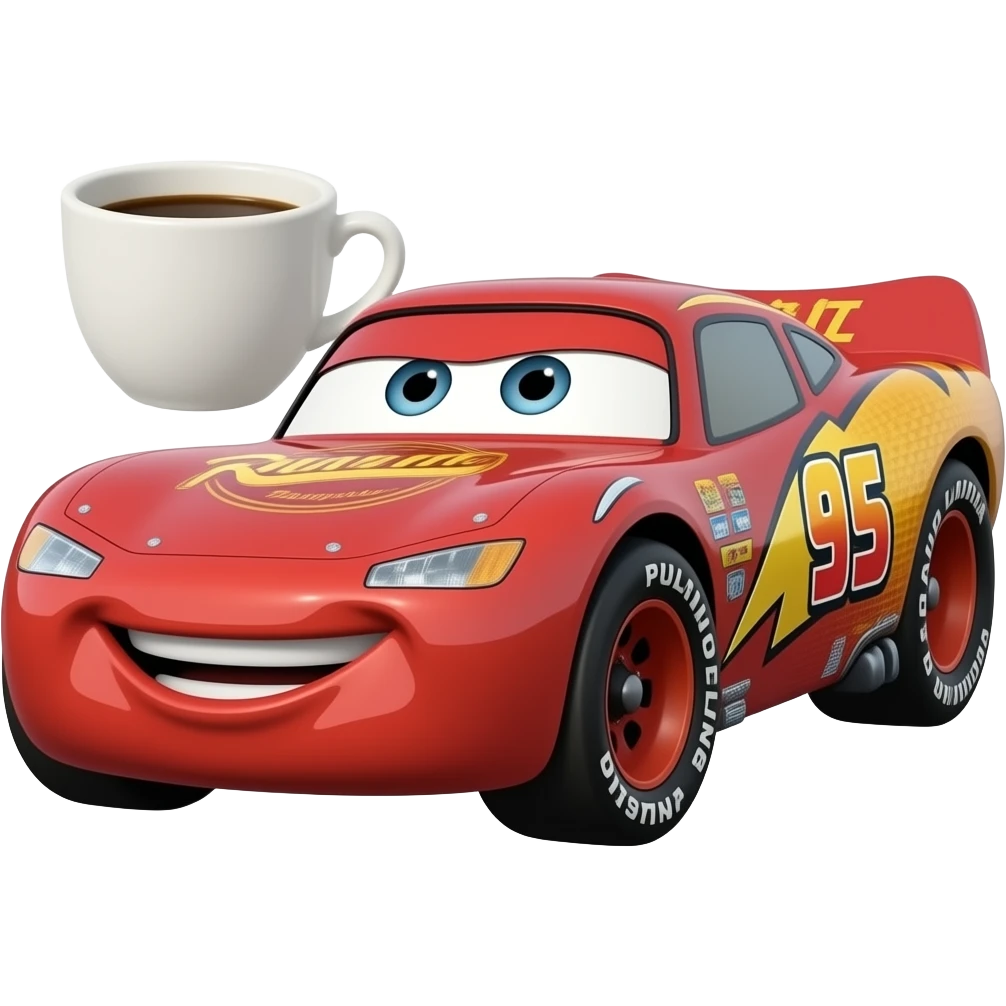 hazlo volando al rayo mcqueen y que tenga una copa y cafe emoji